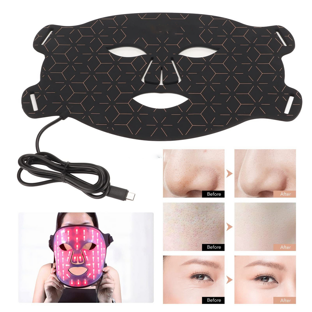 Black LED face mask with USB cable and before-and-after images on a white background