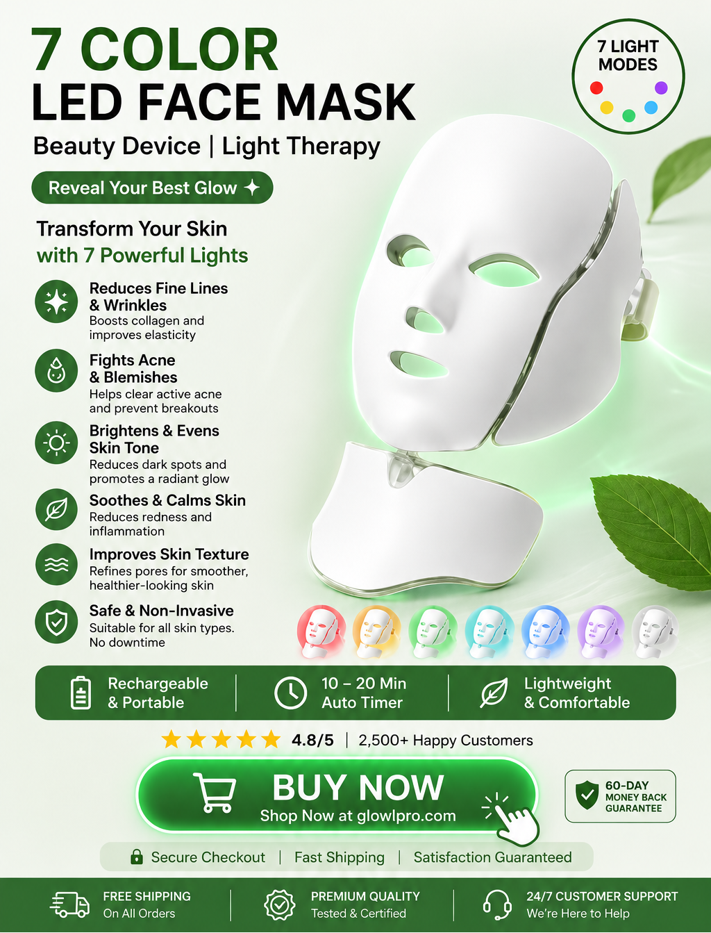 7 color LED face mask with features and benefits on a green background