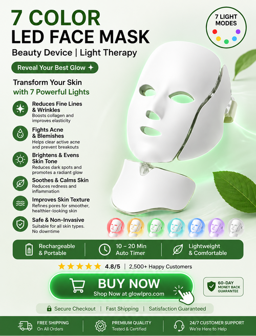 7 color LED face mask with features and benefits on a green background